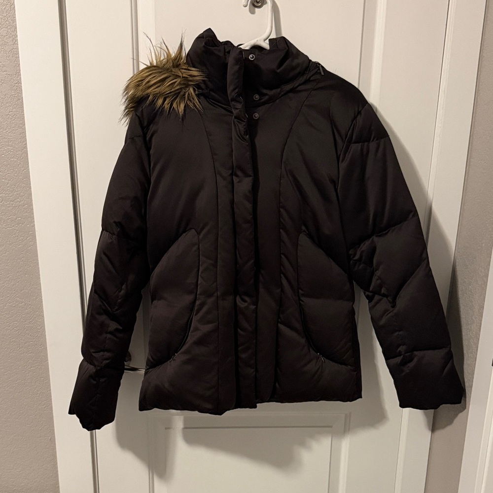 Calvin Klein Chocolate Puffer Jacket with Faux Fur removable hood
